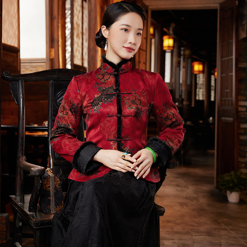 玺玥2022年冬季新款女中国风花罗香云纱夹棉百搭短款唐装外套上衣