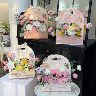 教师节鲜花手提袋花束包装 袋手提花篮花艺沙龙插花盒七夕手提花盒