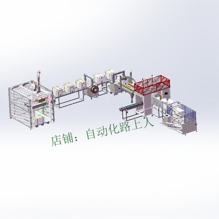 开箱自动装箱封箱井字打包扎捆龙门机器人码垛整线包装方案图纸