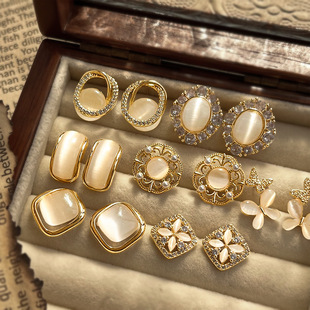 vintage轻中古风玻璃猫眼石耳钉合集气质通勤轻奢风高级感耳饰女