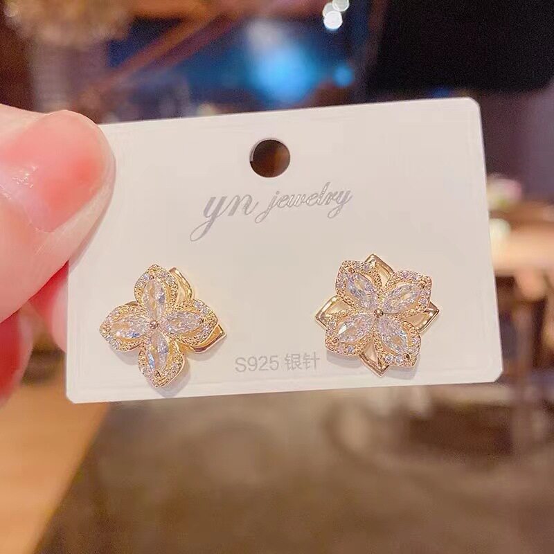 925银针微镶锆石可转动风车耳钉设计感小众会动的耳环