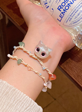 可爱小猫贝壳吊坠手链女多巴胺ins小众编织手饰高颜值学生党手串