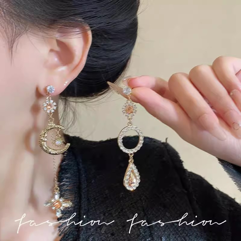 复古宫廷风长款流苏不对称星月耳环女轻奢小众高级感耳钉耳饰