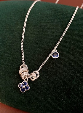 蓝色系镶锆石圆形花朵项链轻奢小众高级感锁骨链简约个性气质项饰