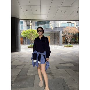 薄T恤男女同款 藏青色复古休闲翻领长袖 宽松polo上衣 米老虎 忧郁