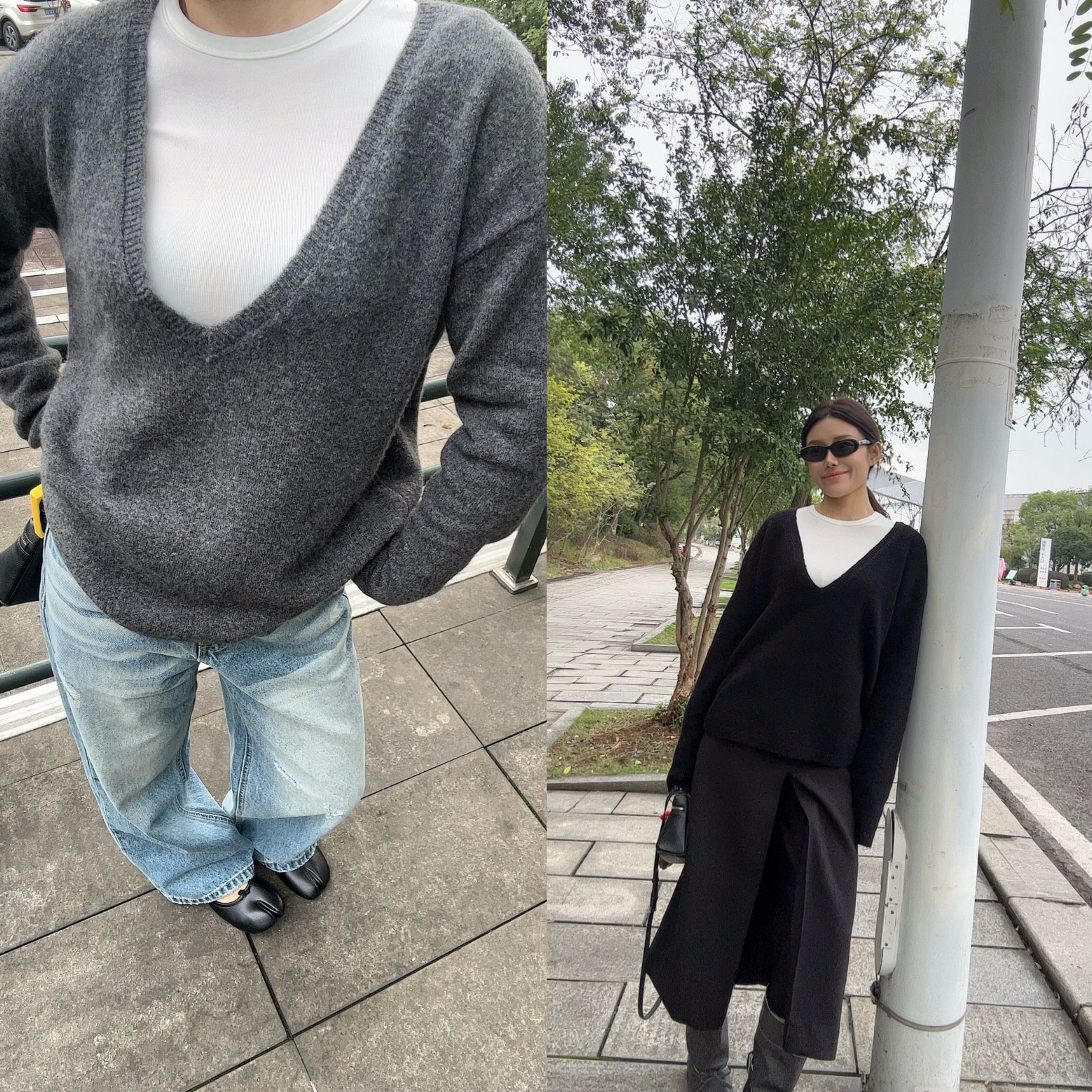 忧郁的米老虎/大V领叠穿羊毛针织衫女秋冬宽松慵懒风薄毛衣上衣