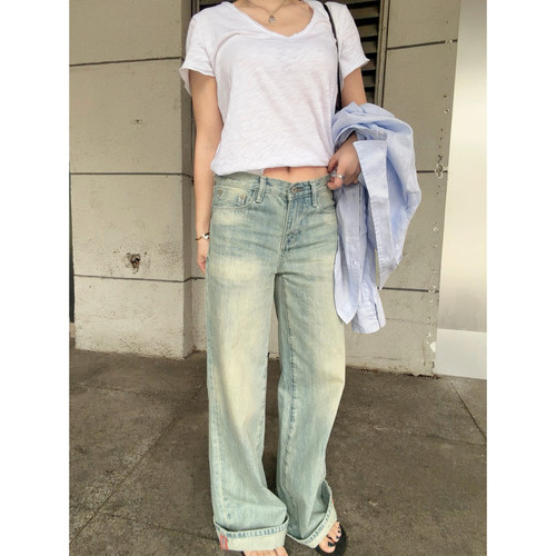 忧郁的米老虎/005L复古水洗低腰直筒牛仔裤春夏阔腿长裤女
