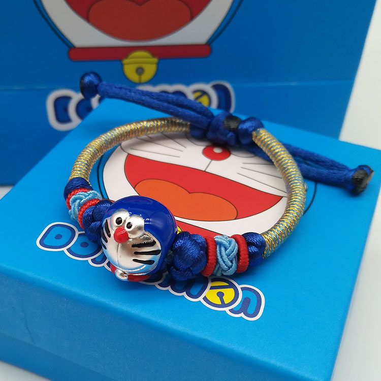 纯银999蓝胖子机器猫编绳手链女男孩情侣手绳宝宝儿童节生日礼物