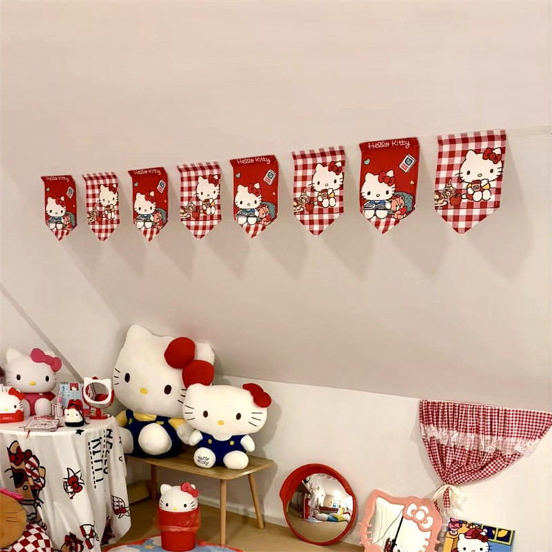 HelloKitty可爱卧室装饰宿舍墙壁凯蒂猫拉旗红格子kt猫纸板墙贴