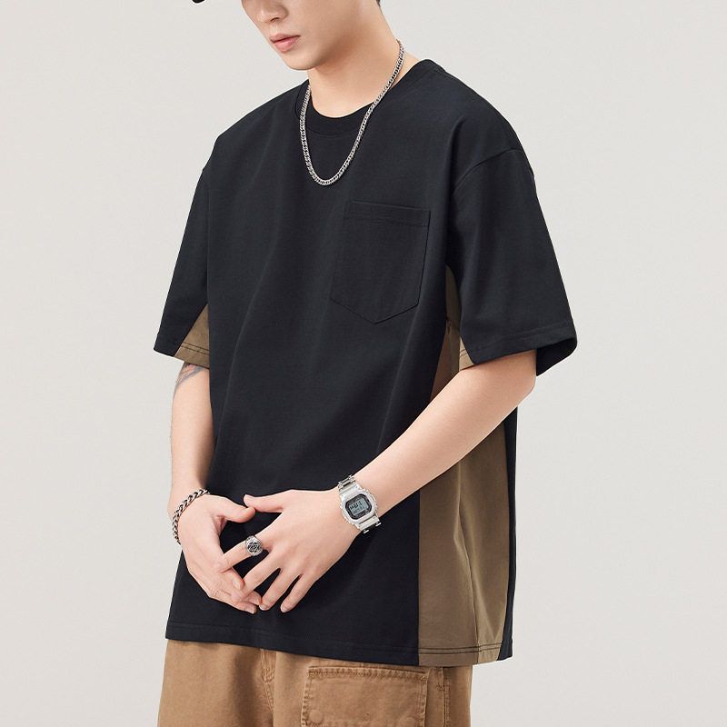 夏季新款短袖T恤男生拼接口袋圆领宽松五分袖体恤日系复古打底衫