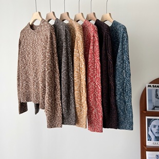 软糯厚实 邓肯羊毛纱线 多色混纱复古绞花圆领套头毛衣针织衫秋冬