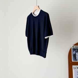 针织衫 60支精纺羊绒桑蚕丝撞色假两件提花短袖 国货老渠 智性沉稳