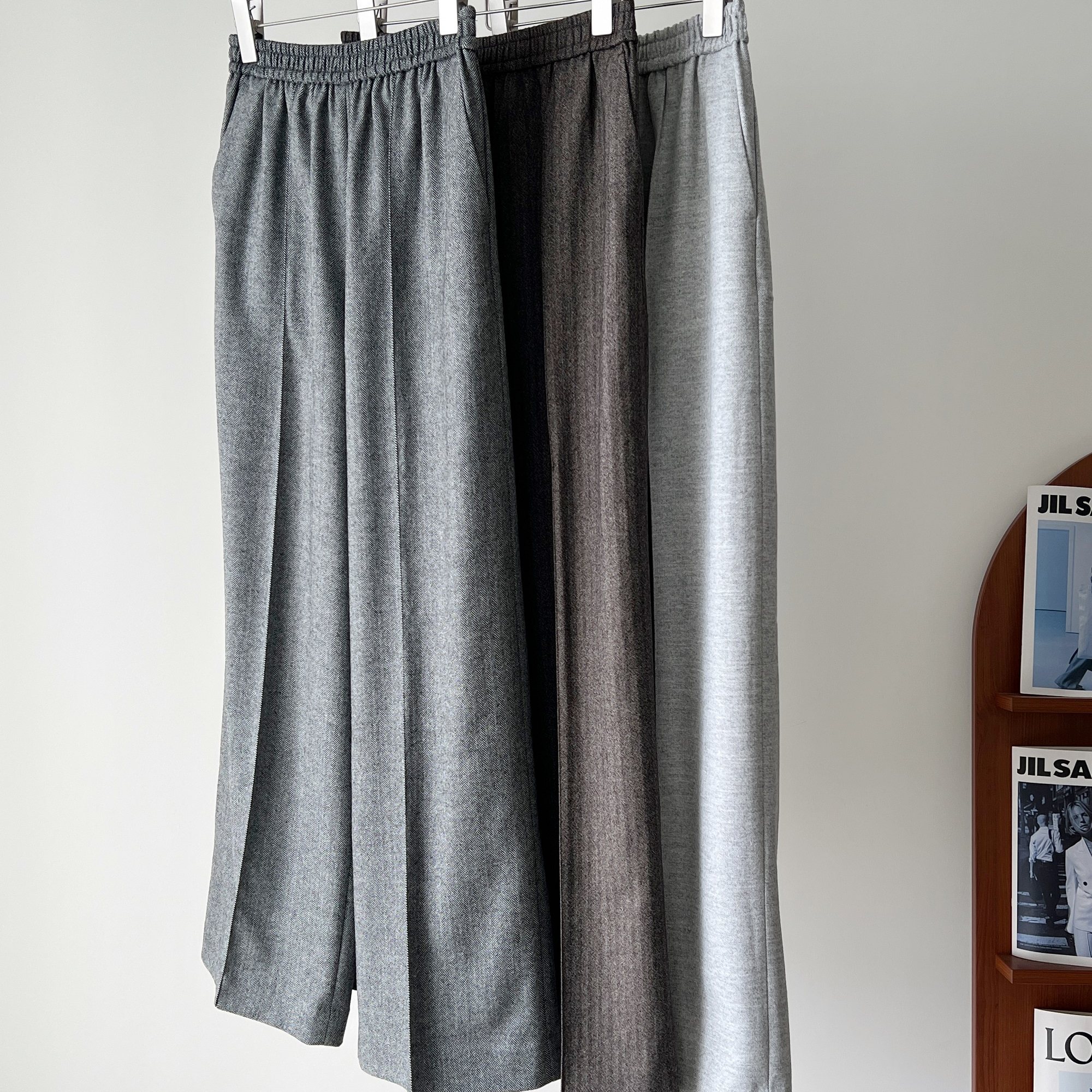 人字纹提花羊毛中缝立裁直筒裤