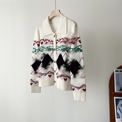 山羊绒菱格提花撞色针织开衫毛衣