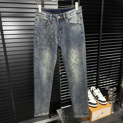 欧洲站2025春夏季新款欧货男士牛仔裤修身小脚刺绣潮牌时尚长裤子