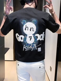 痞帅五分半袖 ins潮牌黑色短袖 夏季 高级感熊猫刺绣立体印花T恤男款