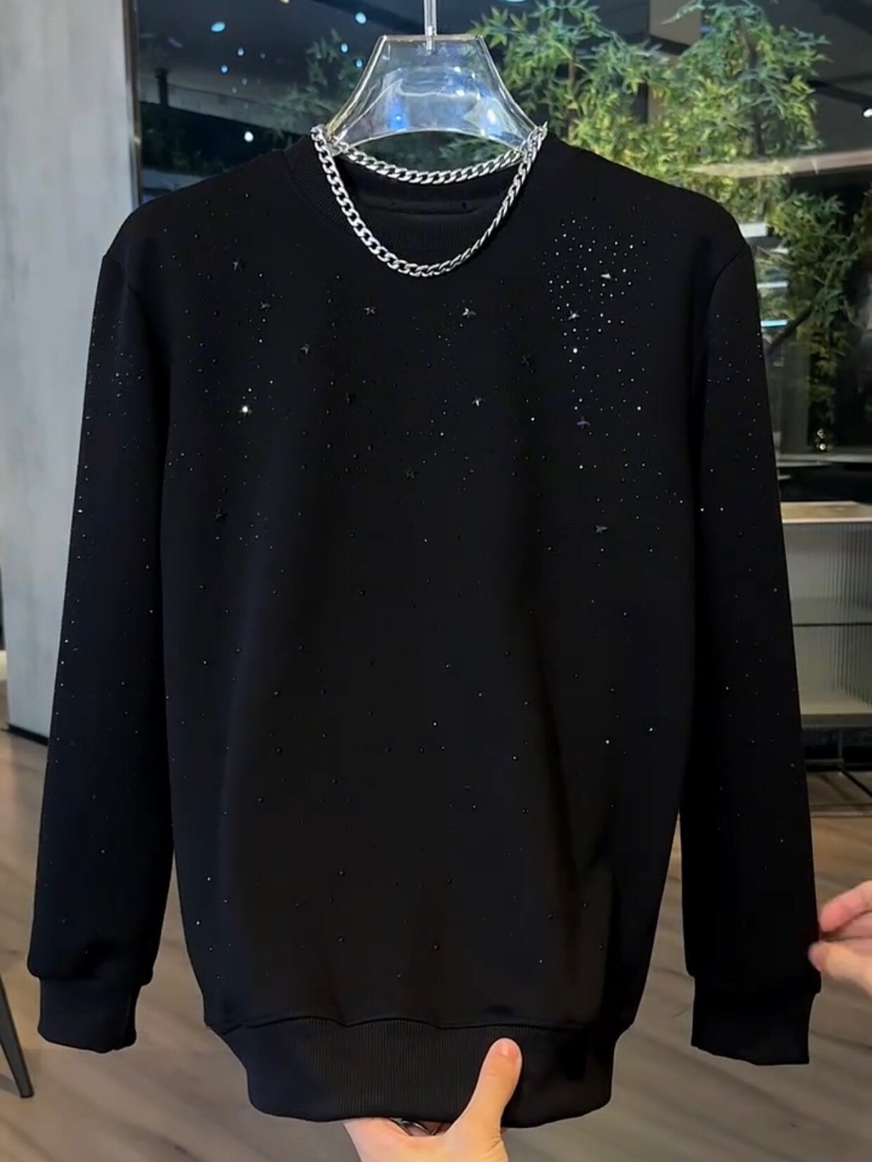 男士春秋新款圆领满天星烫钻打底卫衣修身百搭显瘦简欧个性时尚潮