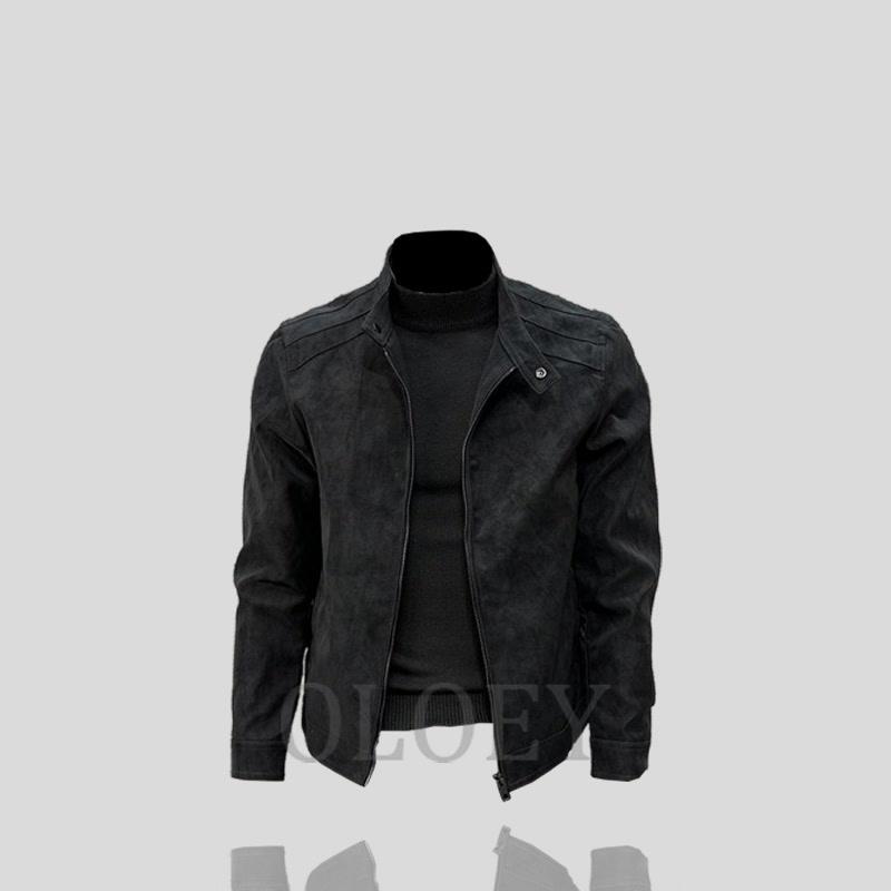 高端轻奢麂皮绒皮衣男春秋冬季气立领修身加厚青年休闲夹克外套