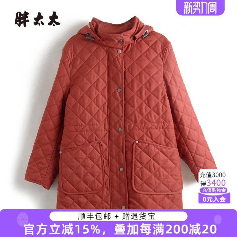 胖太太大码女装秋冬季新款红色纳格连帽中长款棉服外套424402911