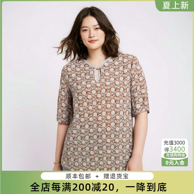 胖太太衬衫碎花V领雪纺