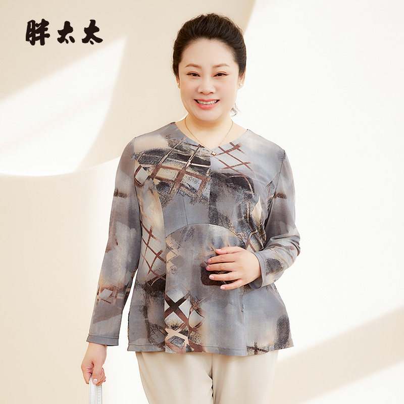 胖太太大码女装春秋新品几何图时尚休闲网纱打底衫上衣724219910