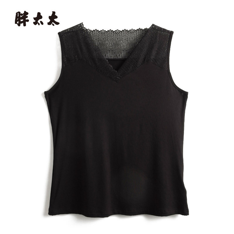 胖太太大码女装春夏新品黑色V领蕾丝背心宽松弹力时尚潮424213010