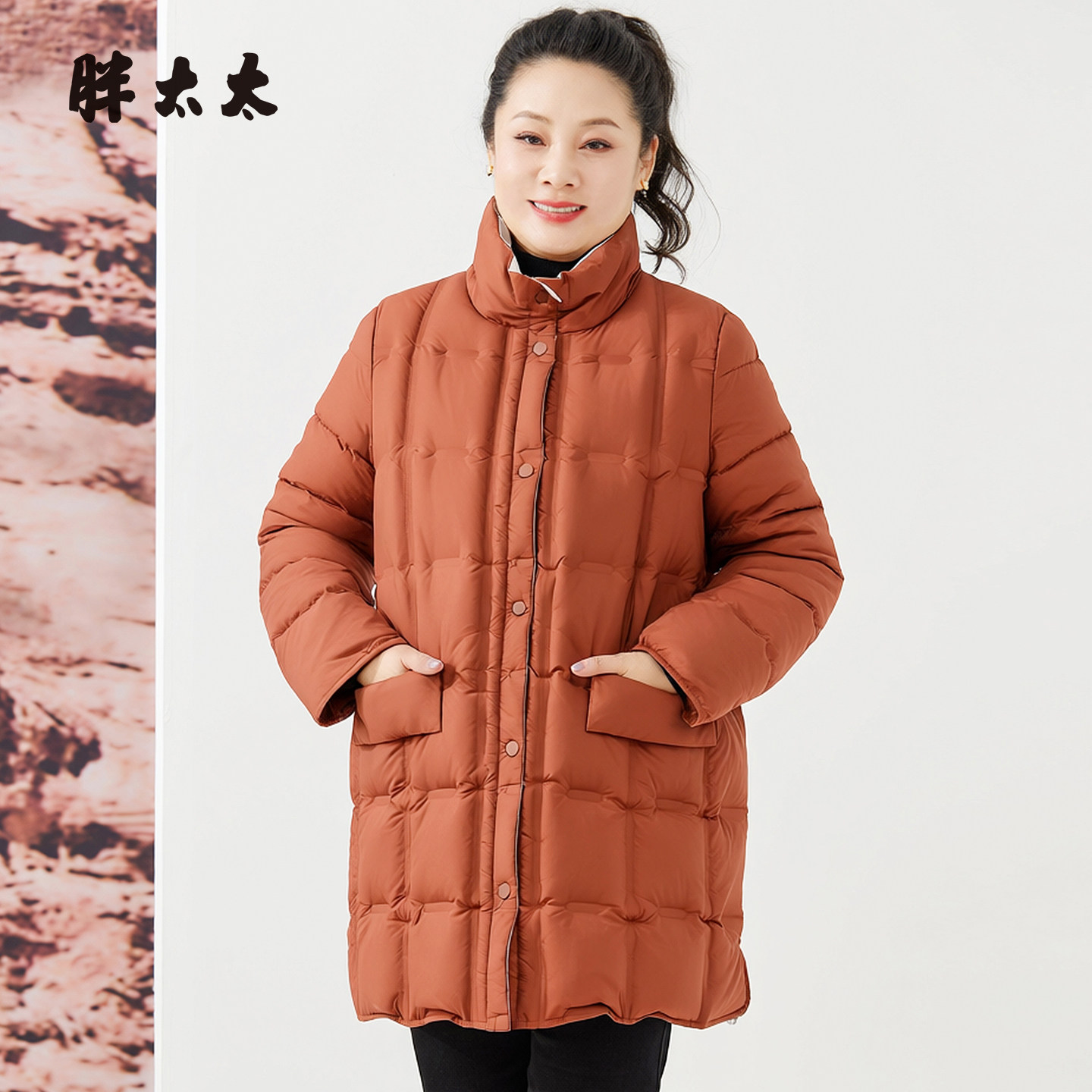 胖太太大码女装冬季新品中长简练通勤显瘦保暖暖羽绒服425425110
