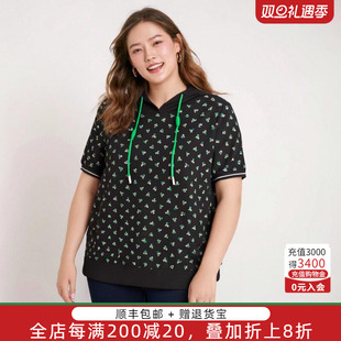 时尚 春夏新款 深蓝色花色带帽休闲薄T恤324201910 女装 胖太太大码