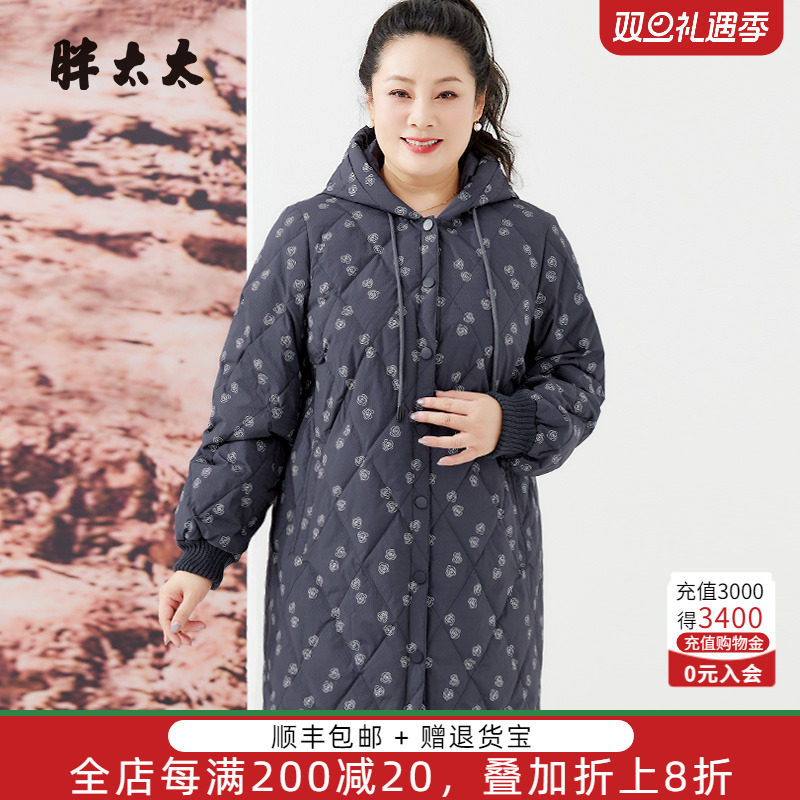 连帽羽绒服胖太太花朵图案