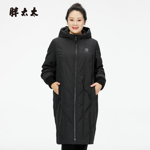 胖太太羽绒服宽松连帽中长款