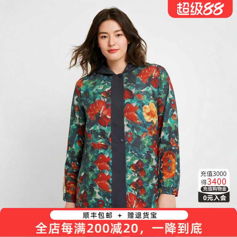 连帽宽松胖太太花卉印花图案