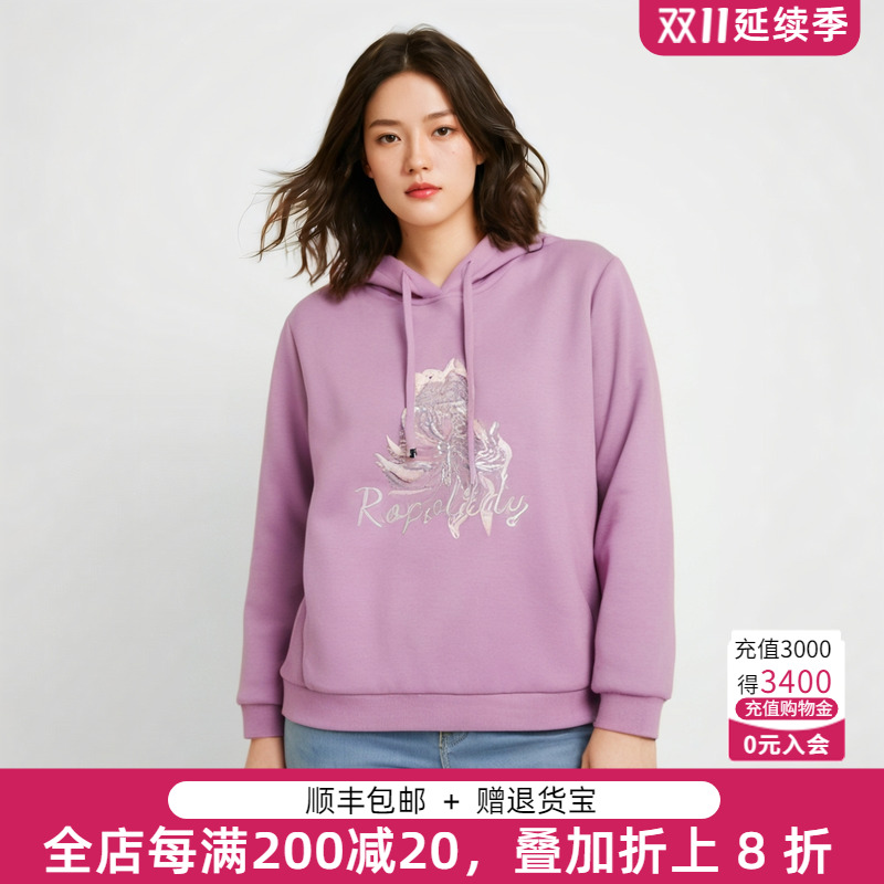 胖太太卫衣连帽字母图案宽松休闲