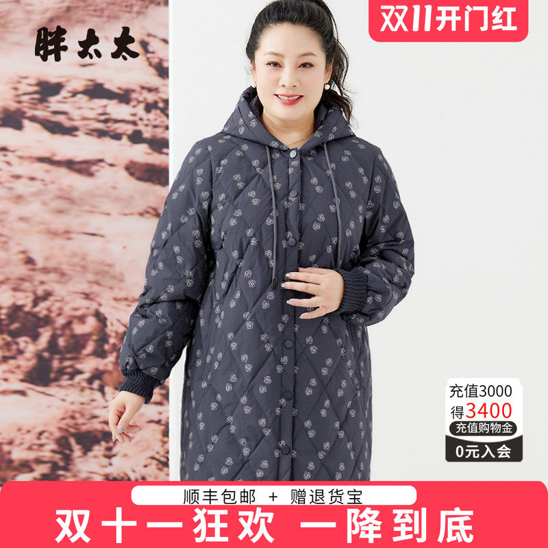 连帽羽绒服胖太太花朵图案