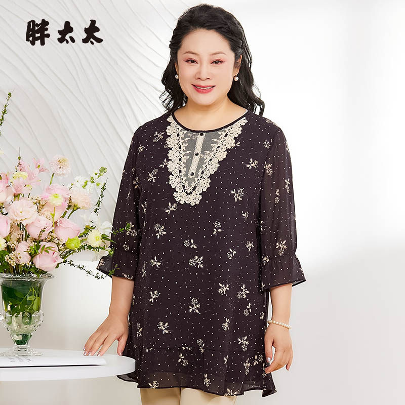 胖太太七分袖雪纺衫夏季新款加肥大码女装宽松中年妈妈825217210