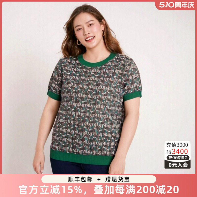 胖太太大码女装春夏新款时尚几何图案圆领休闲薄针织衫624200410