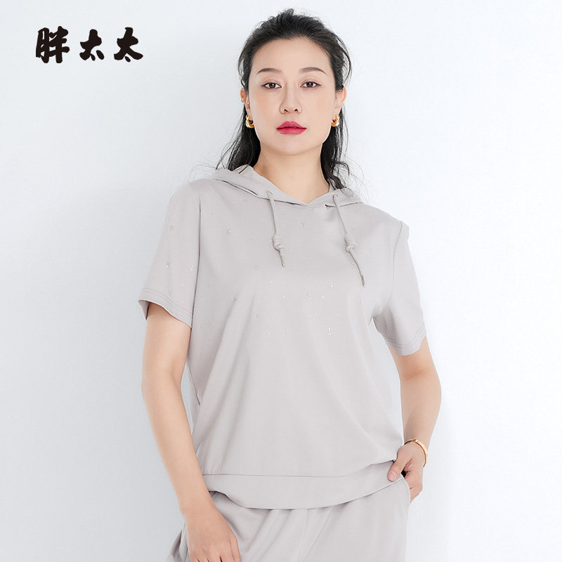 胖太太大码女装夏季新款灰色连帽卫衣上衣T恤薄款短款潮425205010