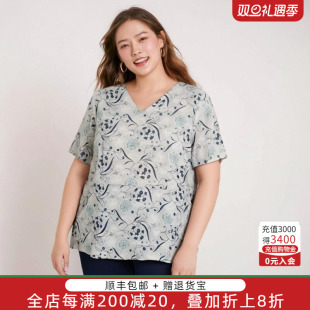 弹力桑蚕丝短袖 胖太太大码 新品 夏季 V领通勤碎花潮324207511 女装