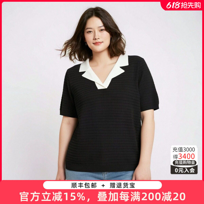 胖太太大码女装春夏新款西装领短袖针织衫上衣T恤显瘦622104710