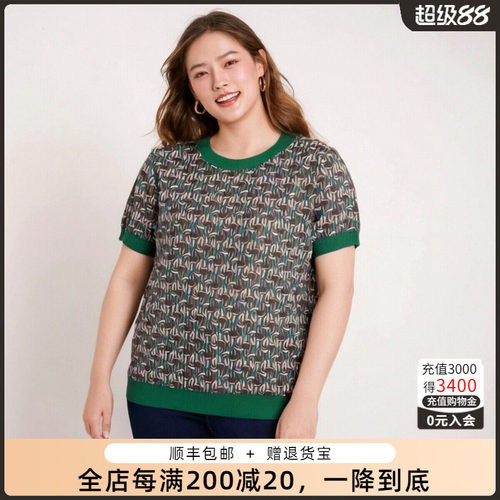 胖太太针织衫圆领几何图案