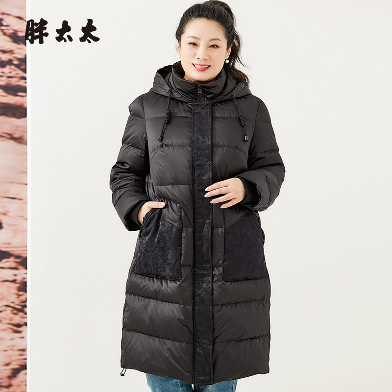 连帽羽绒服胖太太蕾丝拼接韩版