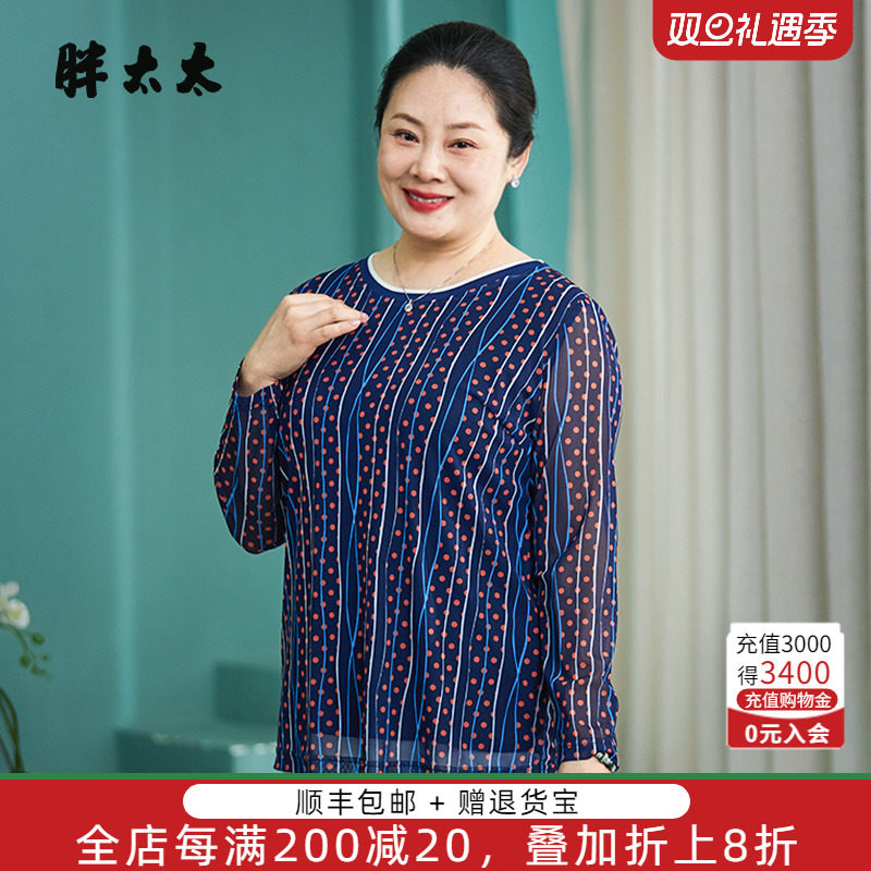 胖太太衬衫圆领波点深蓝色