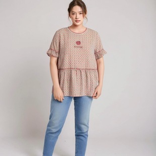 女装 新品 胖太太大码 夏季 723216010 碎花雪纺圆领荷叶袖 上衣打底衫