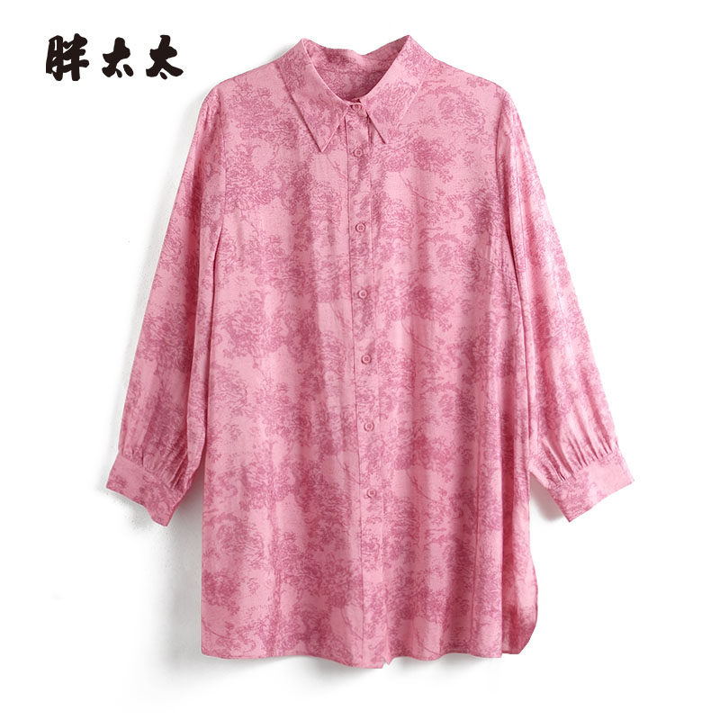 胖太太大码女装春秋新款碎花图案衬衫中长上衣宽松显瘦325215210