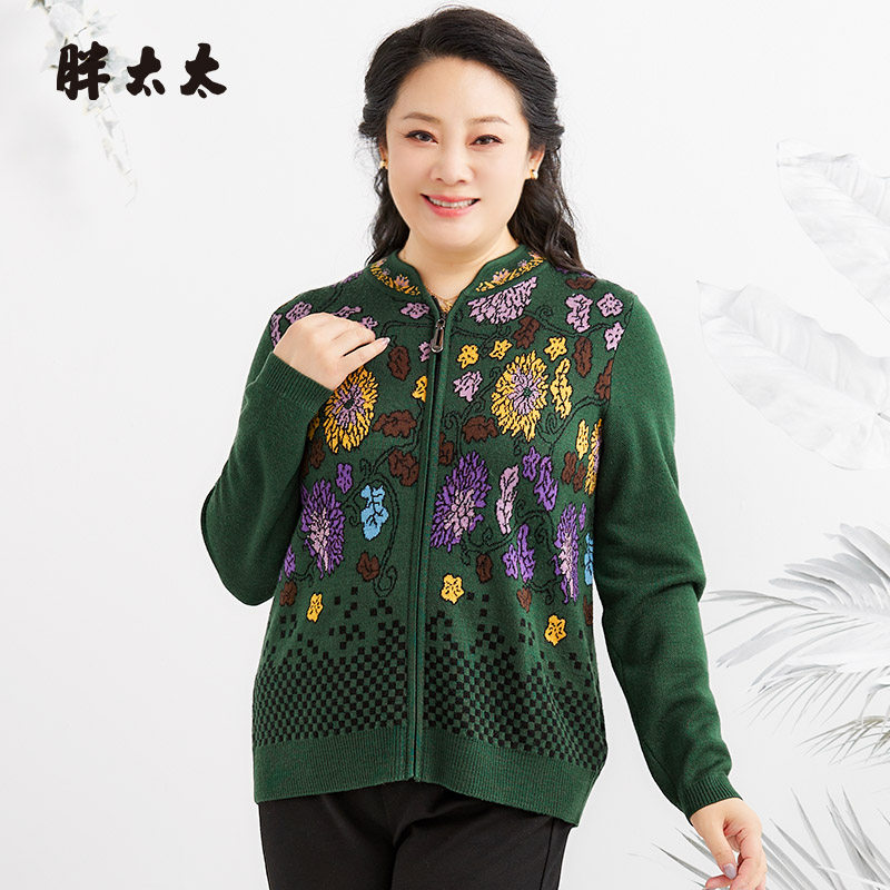 花色图案针织衫胖太太针织开衫