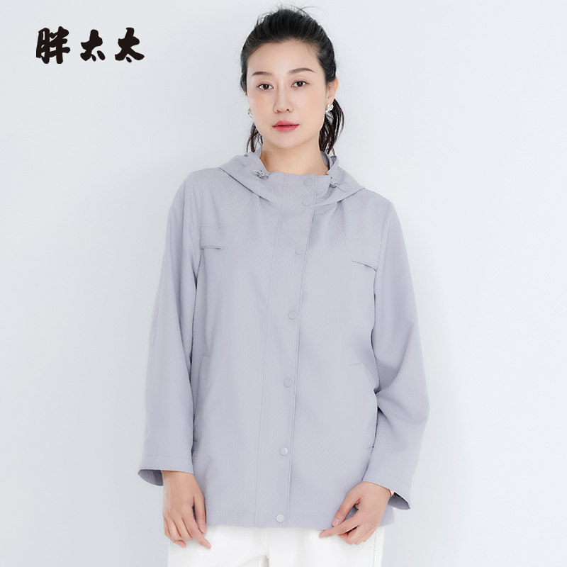 胖太太休闲风衣外套连帽