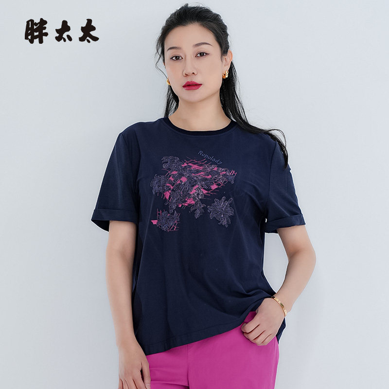 胖太太大码女装夏季新款圆领花朵图案上衣短袖T恤休闲潮825217610