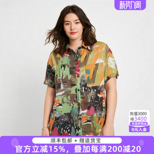 新款 夏季 花色翻领衬衫 款 宽松妈妈324210913 胖太太大码 中长款 女装