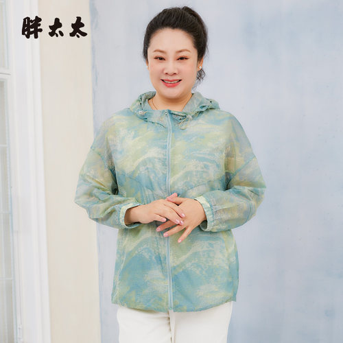 胖太太防晒衣连帽花卉图案宽松