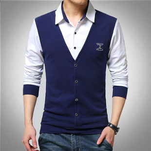 T恤假两件年轻人加大号特大码 潮胖宽松学院风上衣 有领子长袖 男款