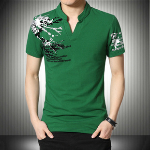 国潮200斤上衣M 立领修身 5XL t恤民族风中年男士 夏天纯棉印花短袖